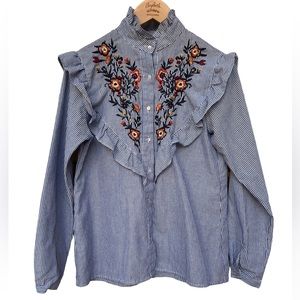 Blue and white stripe button down with embroidery size S